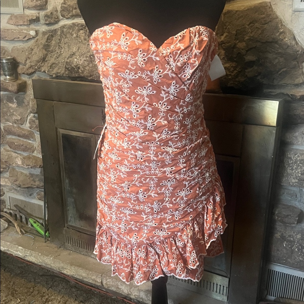 Bardot Strapless Lace Dress in Coral and White